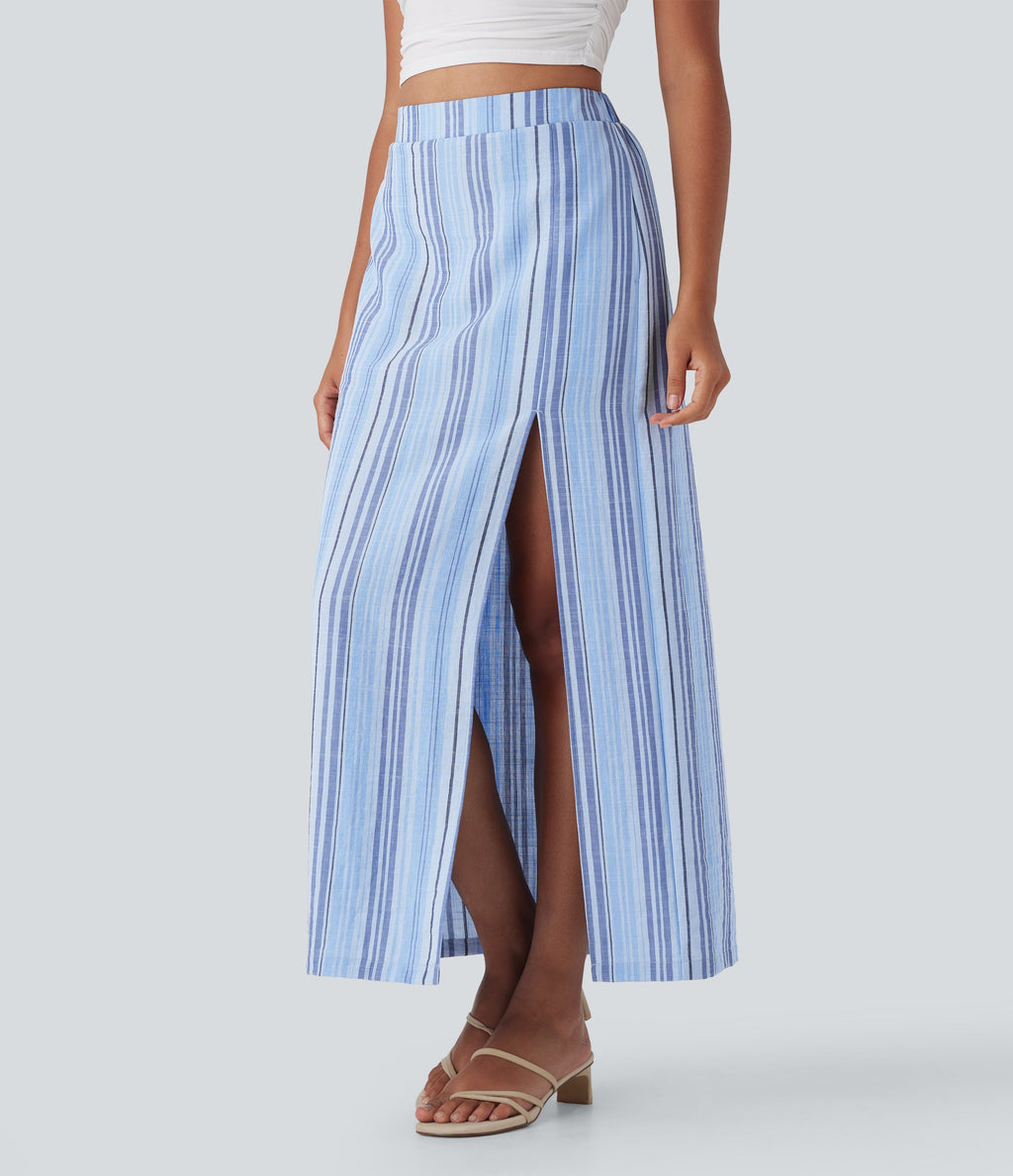 High Waisted Stripe Maxi Linen-Feel Skirt with Pockets