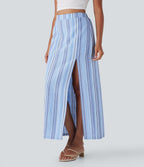 High Waisted Stripe Maxi Linen-Feel Skirt with Pockets
