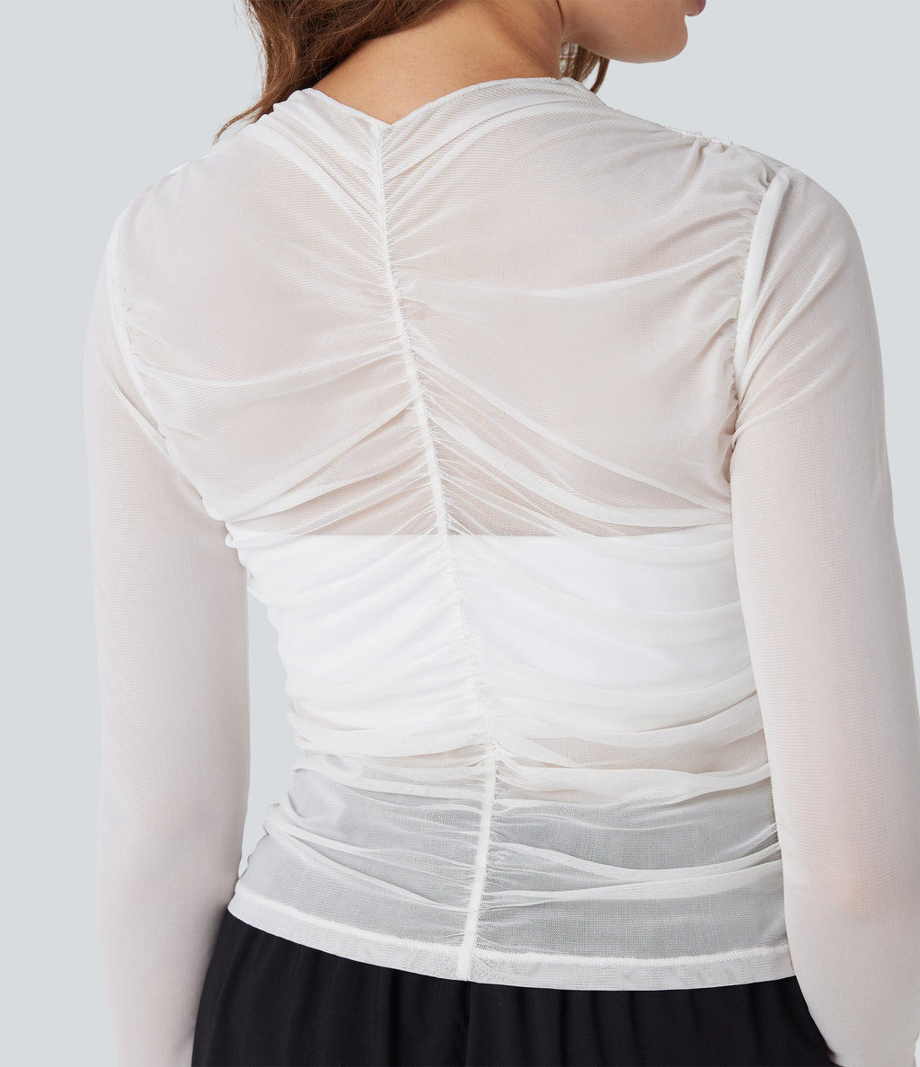 Sheer Mesh Crossover V Neck Ruched Casual Top