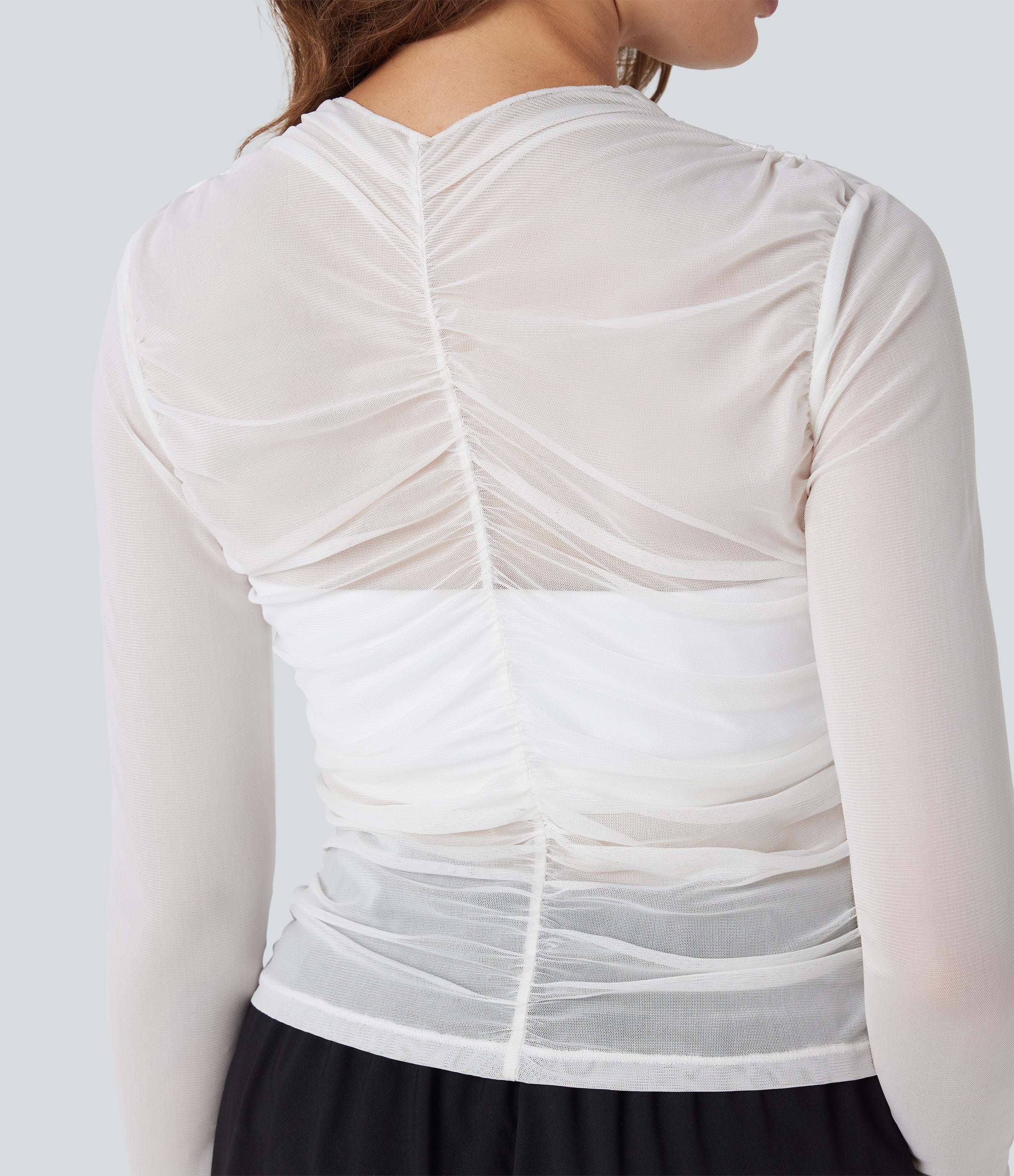 Sheer Mesh Crossover V Neck Ruched Casual Top