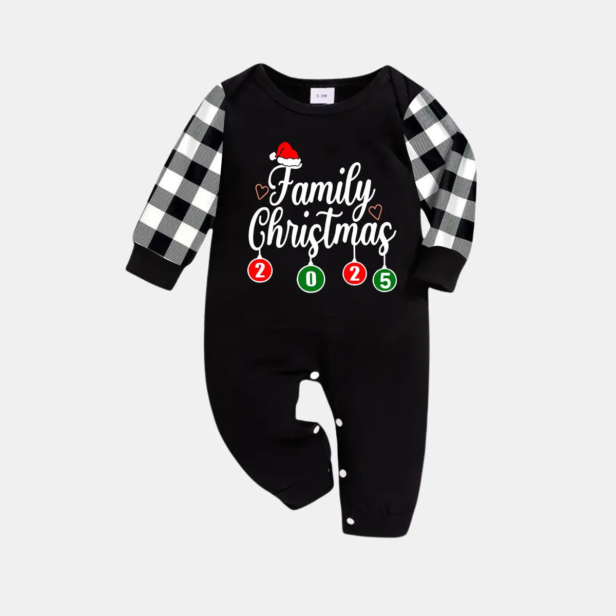 "Family Christmas 2025" Letter Printed Black Long Sleeve Top with Black And White Plaid Pants Family Matching Pajamas