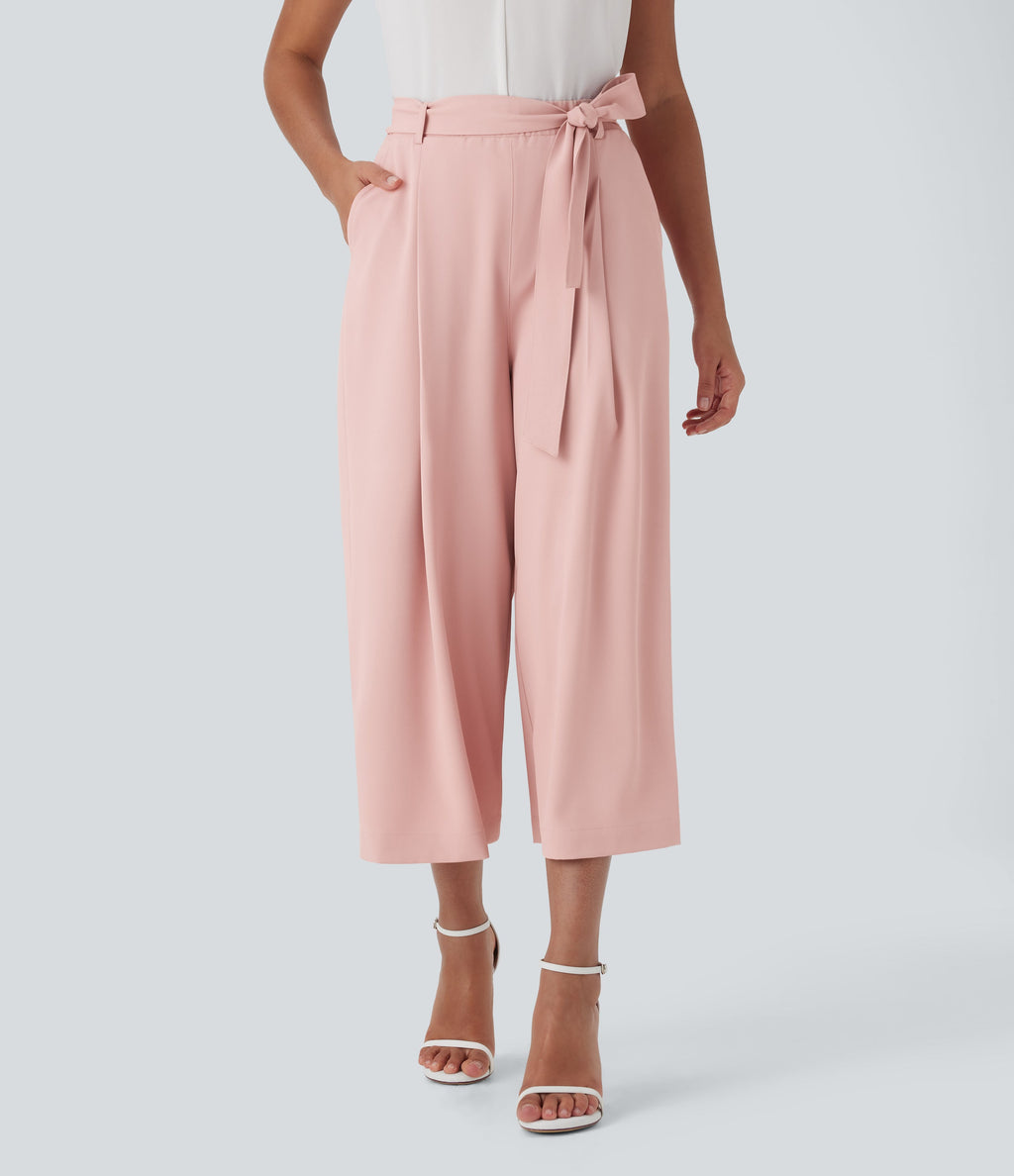 High Waisted Belted Wide Leg Cropped Work Pants with Pockets