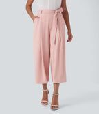 High Waisted Belted Wide Leg Cropped Work Pants with Pockets