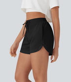 High Waisted Drawstring Contrast Mesh Curved Hem Yoga Shorts with Pockets