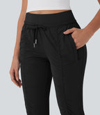 High Waisted Drawstring Tapered Travel Joggers with Side Zip Pockets