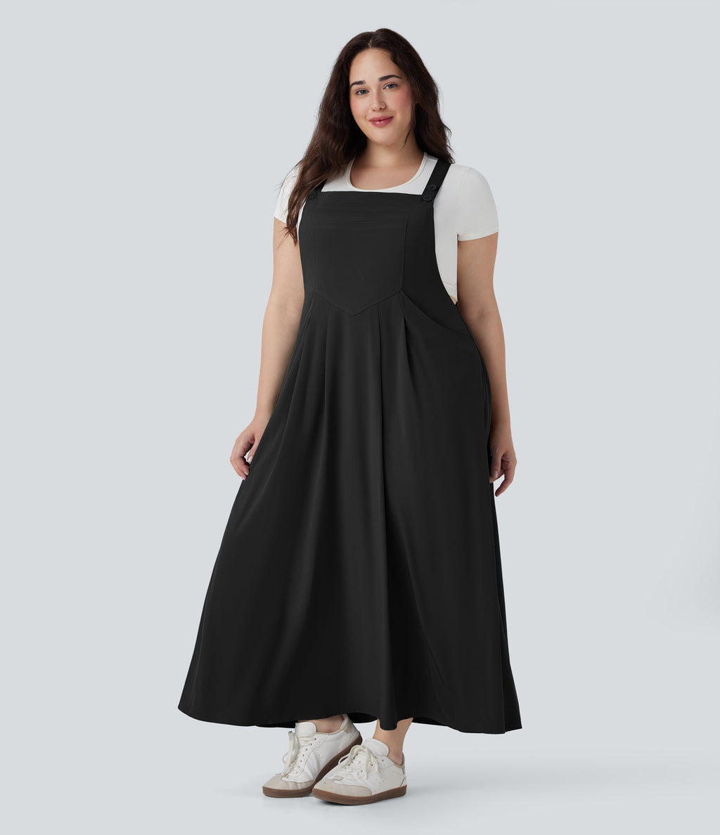 BreezefulTM Flowy Quick Dry Midi Casual Plus Size Pinafore Dress with Pockets