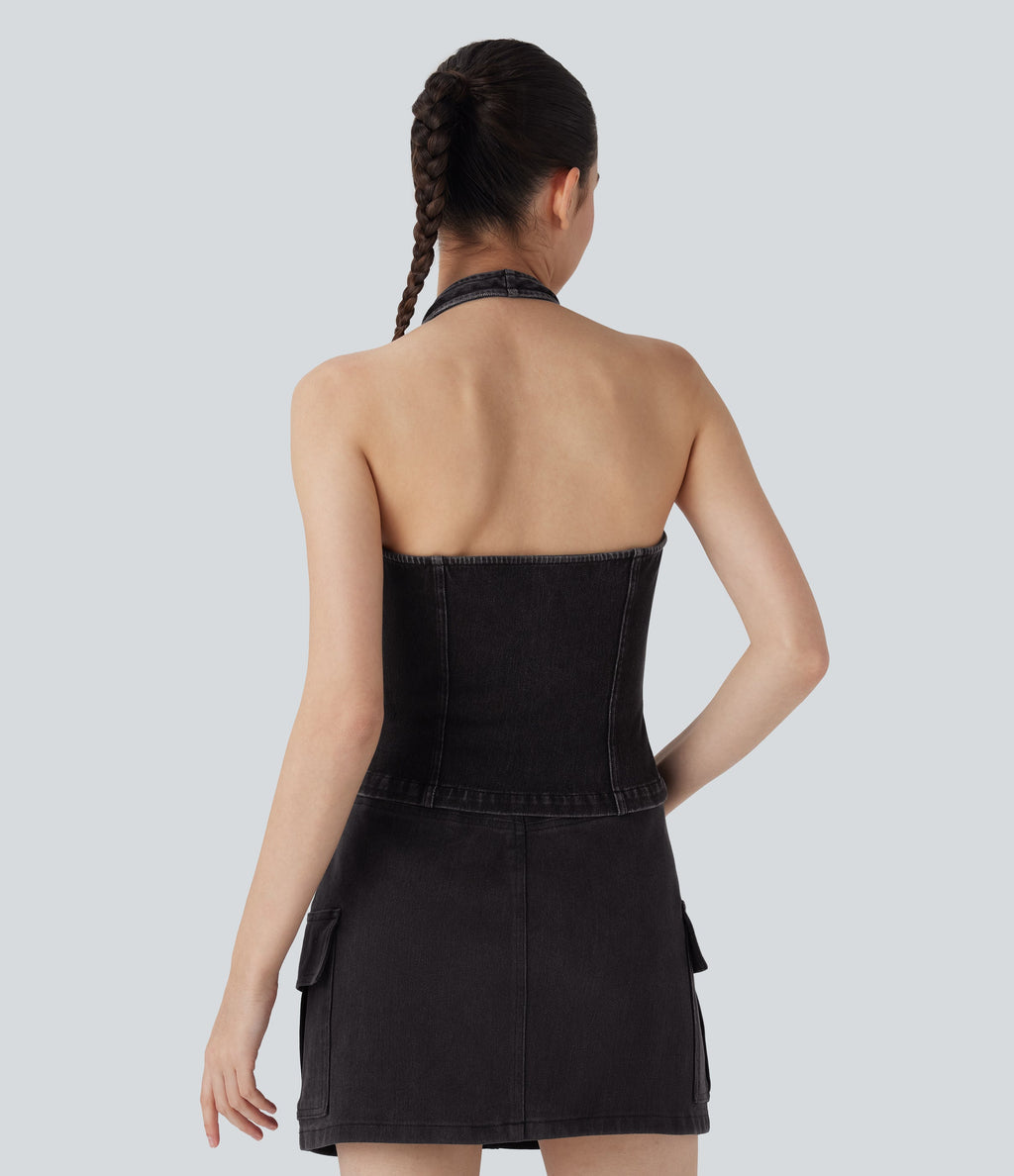 FlexTM Halter Zipper Washed Denim Casual Tank Top