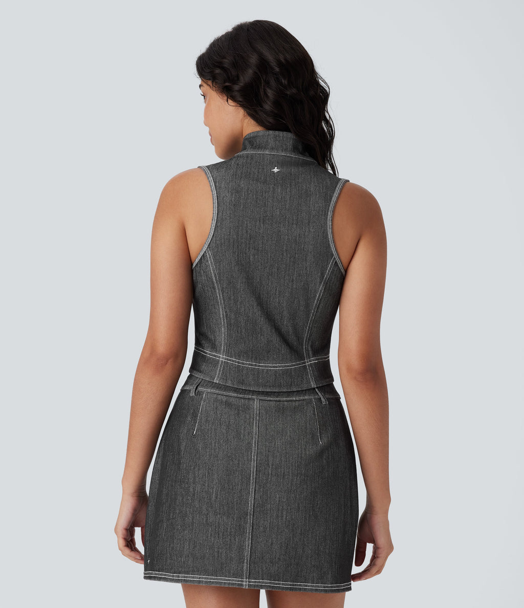 FlexTM Stand Collar Zipper Cool Touch Washed Denim Tennis Tank Top