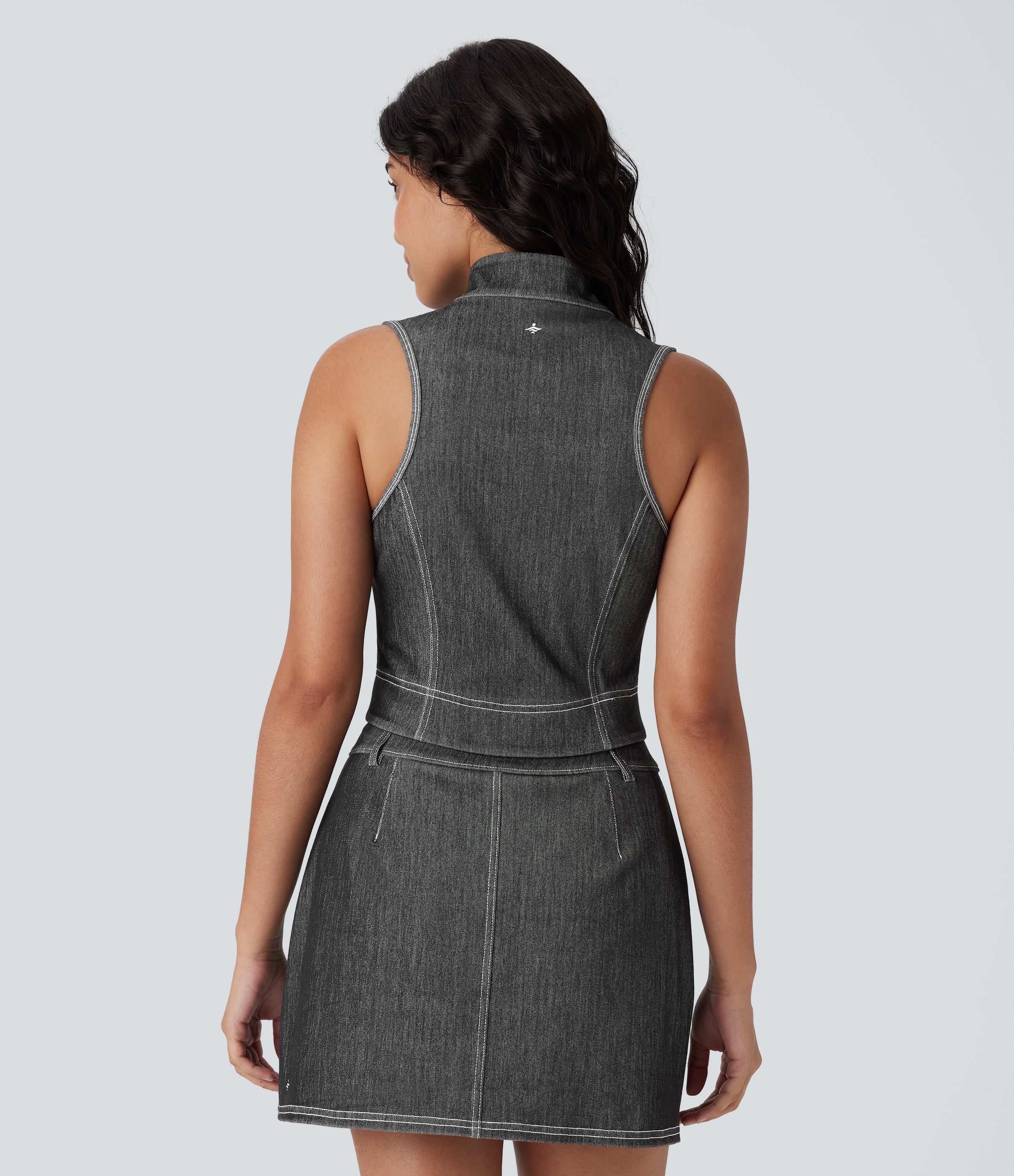FlexTM Stand Collar Zipper Cool Touch Washed Denim Tennis Tank Top