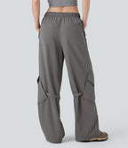 Mid Rise Belted Wide Leg Hiking Cargo Pants with Pockets