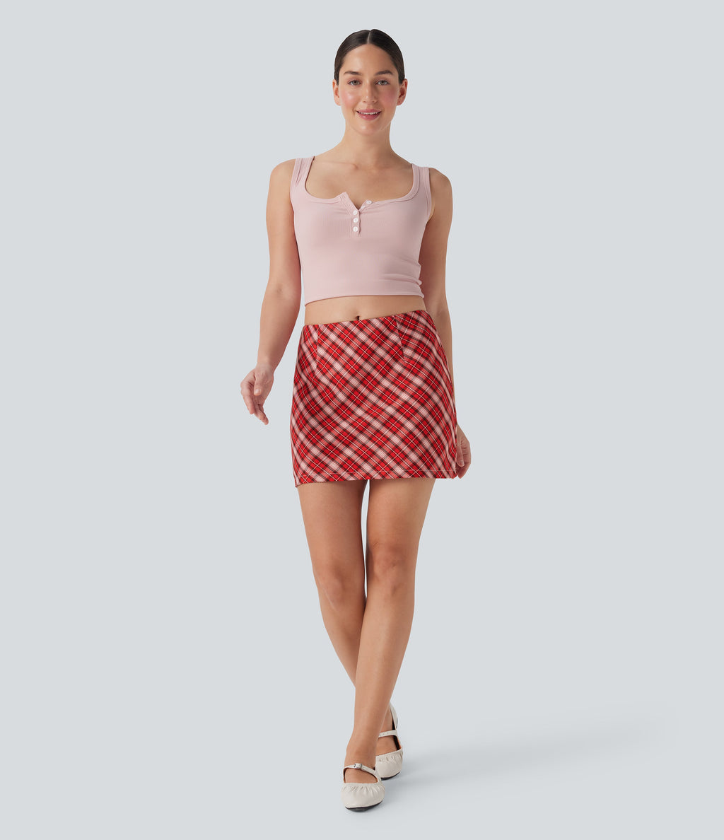 Mid Rise 2-in-1 Plaid A-line Mini Casual Skirt with Pocket