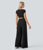 SoftlyZeroTM Airy Short Sleeve Wide Leg Cool Touch Yoga Jumpsuit with Pockets-Easy Peezy Edition