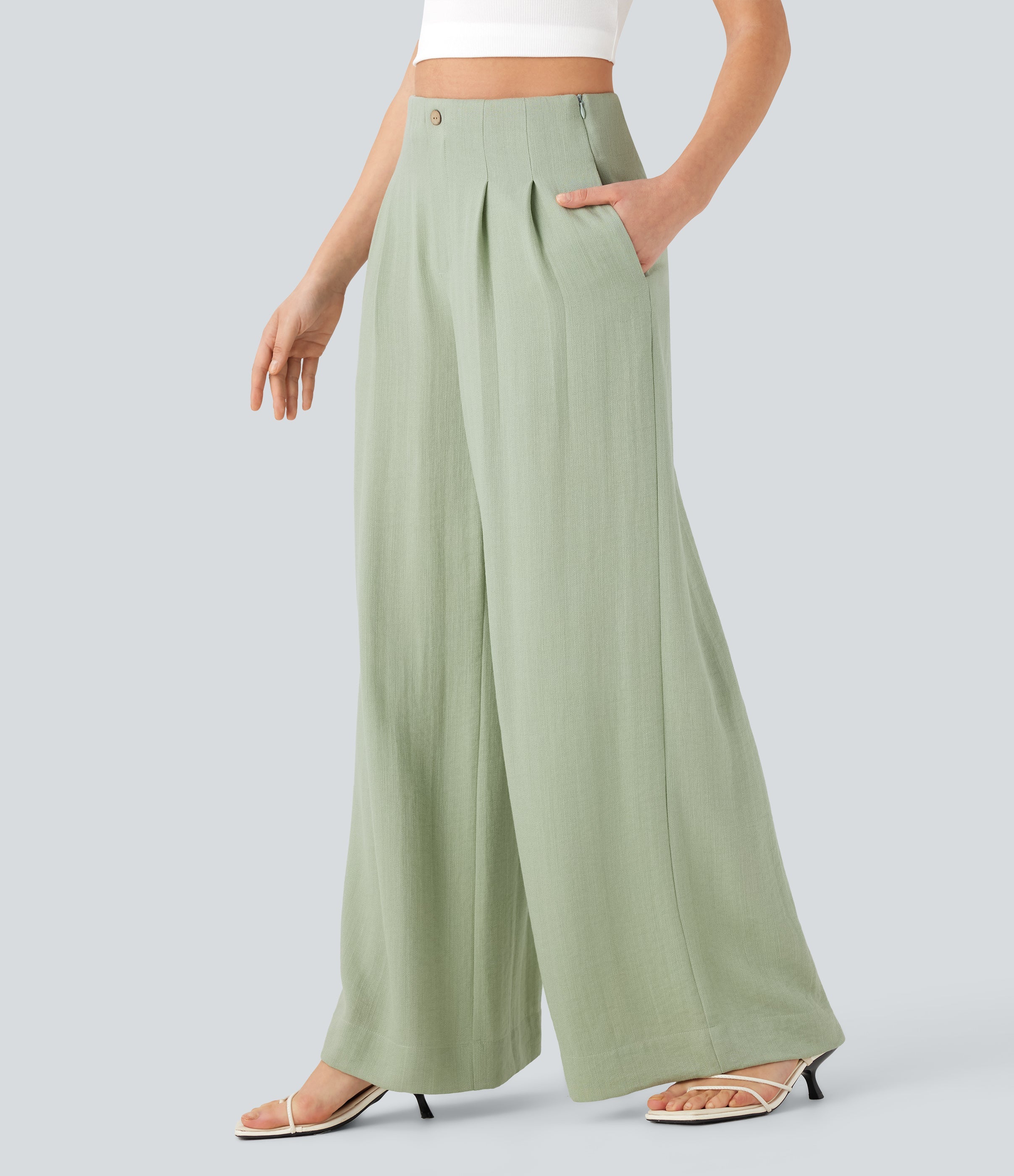 High Waisted Casual Linen-Feel Pants with Pockets