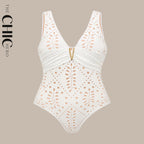 White Petal Hollow One-Piece V Neck Swimsuit&Skirt