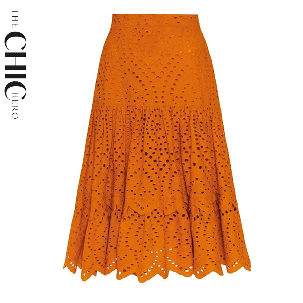 Orange Petal Hollow One-Piece Swimsuit&Skirt