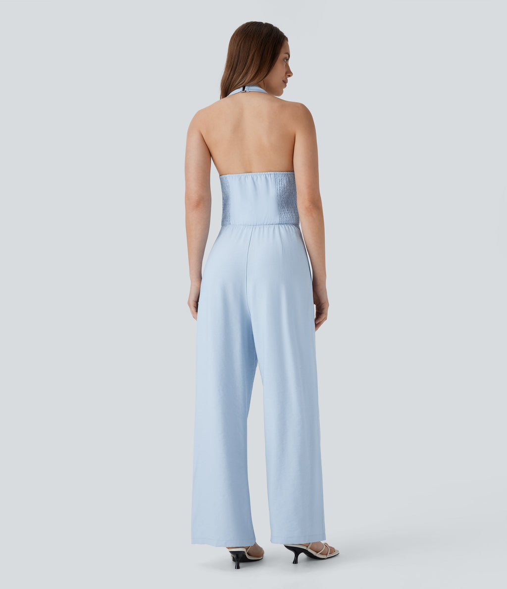 Halter Shirred Wide Leg Work Jumpsuit with Pockets