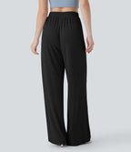 Ribbed Knit High Waisted Drawstring Straight Leg Casual Pants with Pockets
