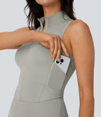 SoftlyZeroTM QuickDry Stand Collar Zipper Cropped Yoga Tank Top with Pockets