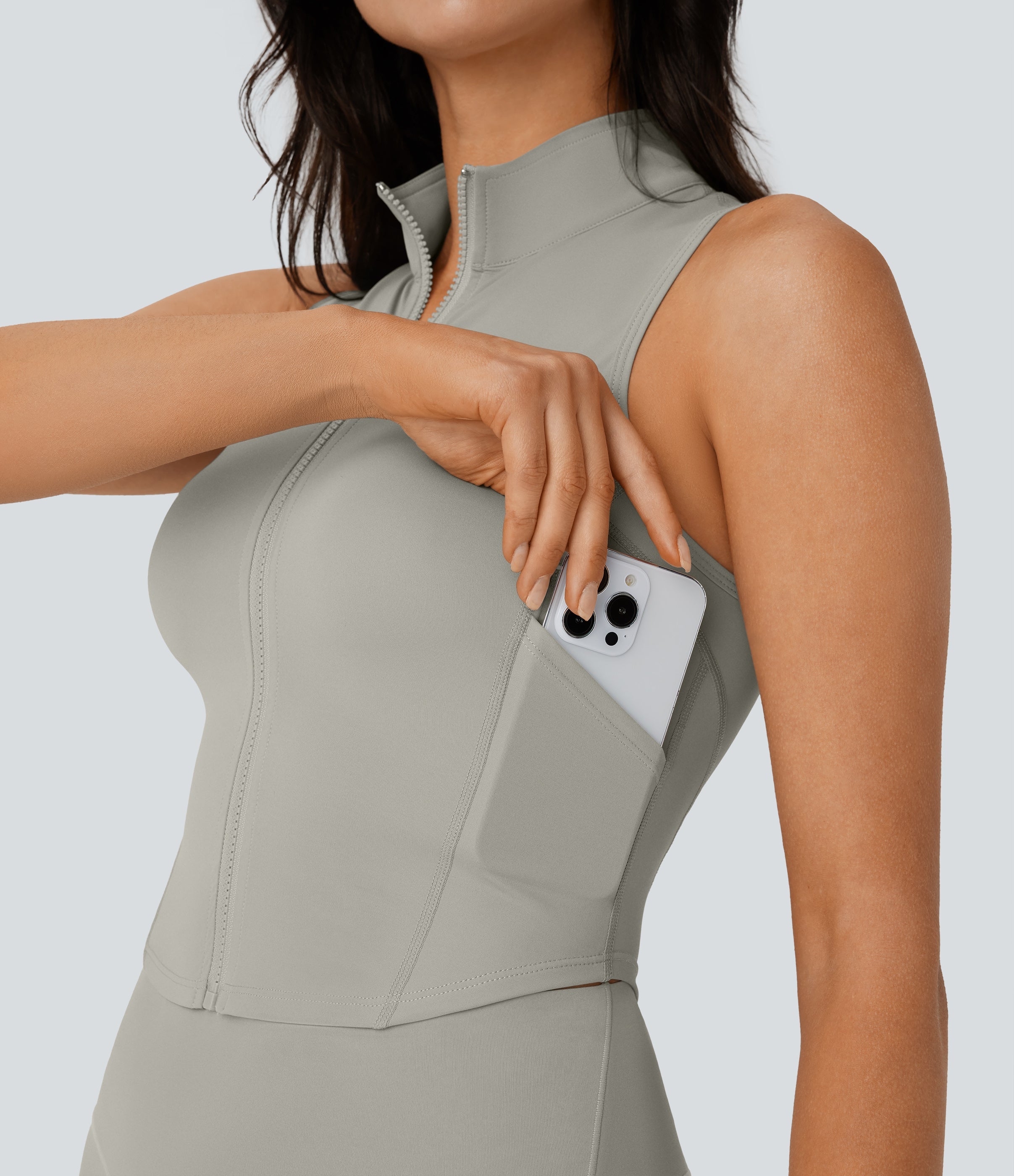 SoftlyZeroTM QuickDry Stand Collar Zipper Cropped Yoga Tank Top with Pockets