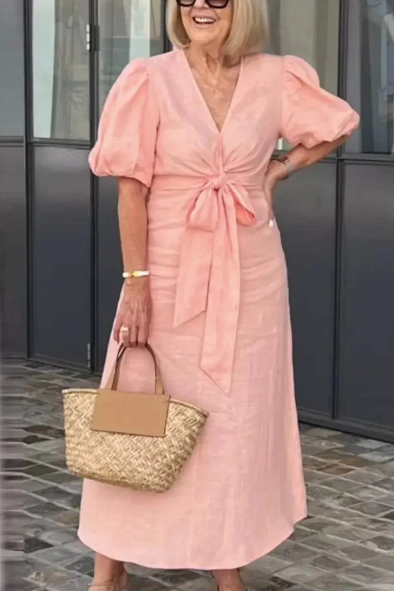CLEARANCE🔥 V Neck Tie Puff Sleeve Cotton Dress- Tax Free