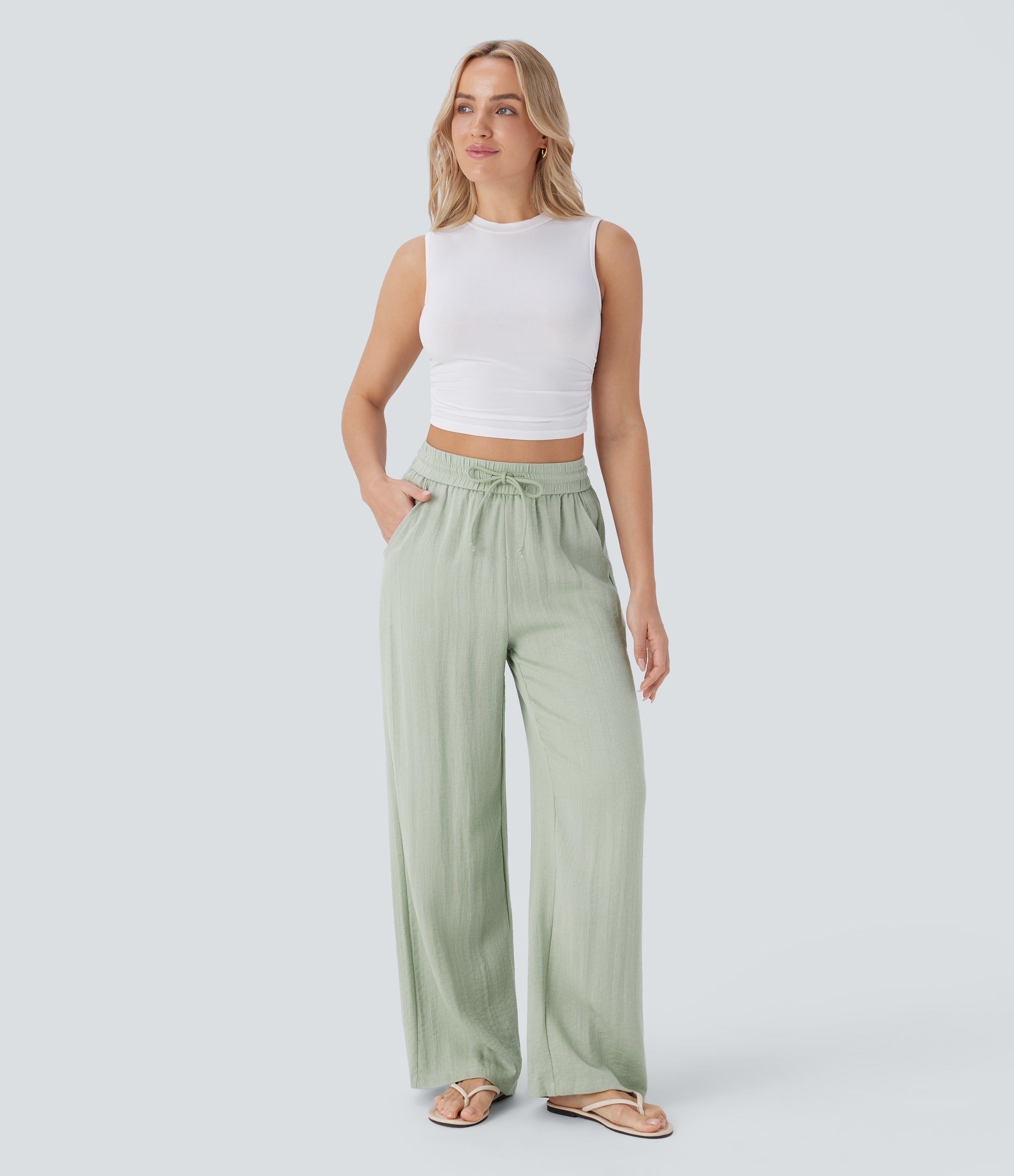 2026🔥 High Waisted Drawstring Pocket Wide Leg Casual Linen-Feel Pants