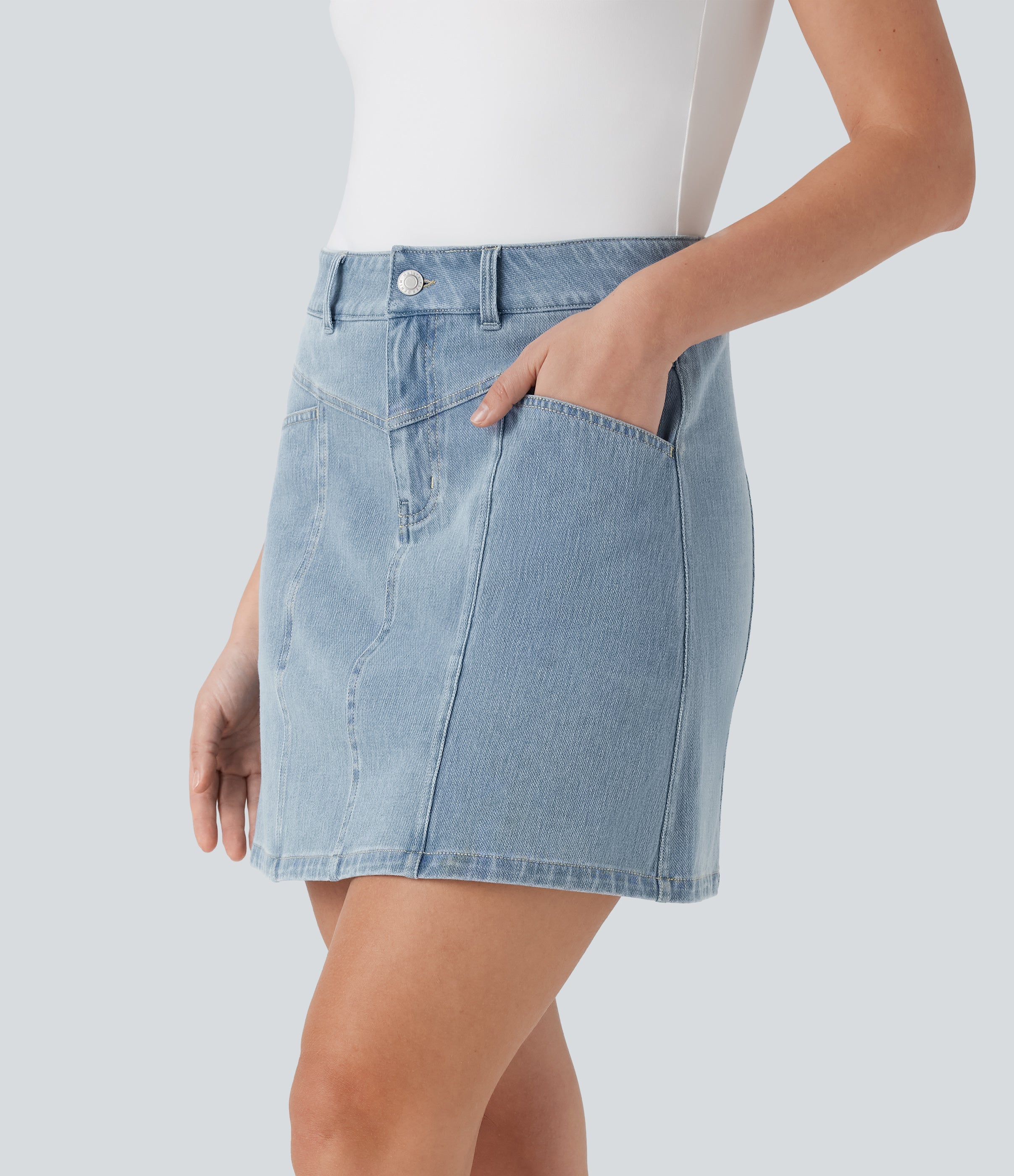 FlexTM Mid Rise A Line Stretchy Knit Denim Mini Casual Skirt with Pockets