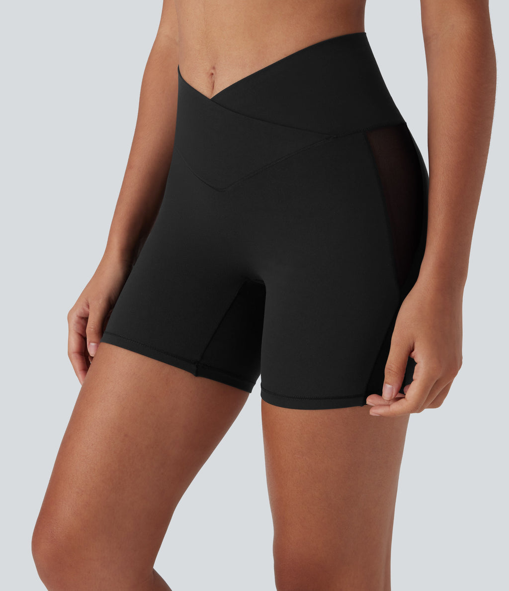SoftlyZeroTM High Waisted Crossover Contrast Mesh Yoga Biker Shorts 5'' with Pocket-UPF50+