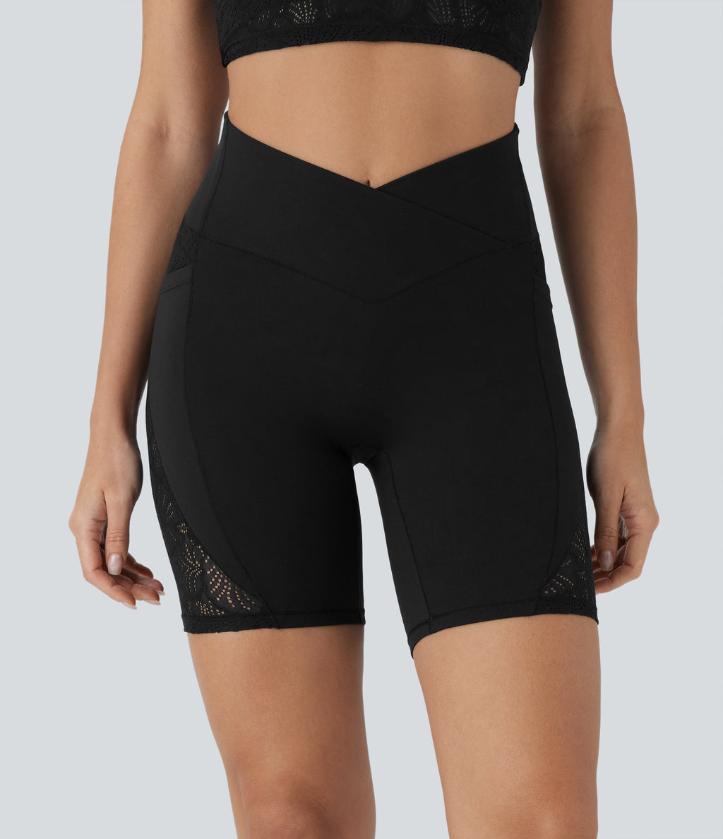 SoftlyzeroTM High Waisted Crossover Contrast Lace Yoga Biker Shorts 7'' with Pockets-UPF50+