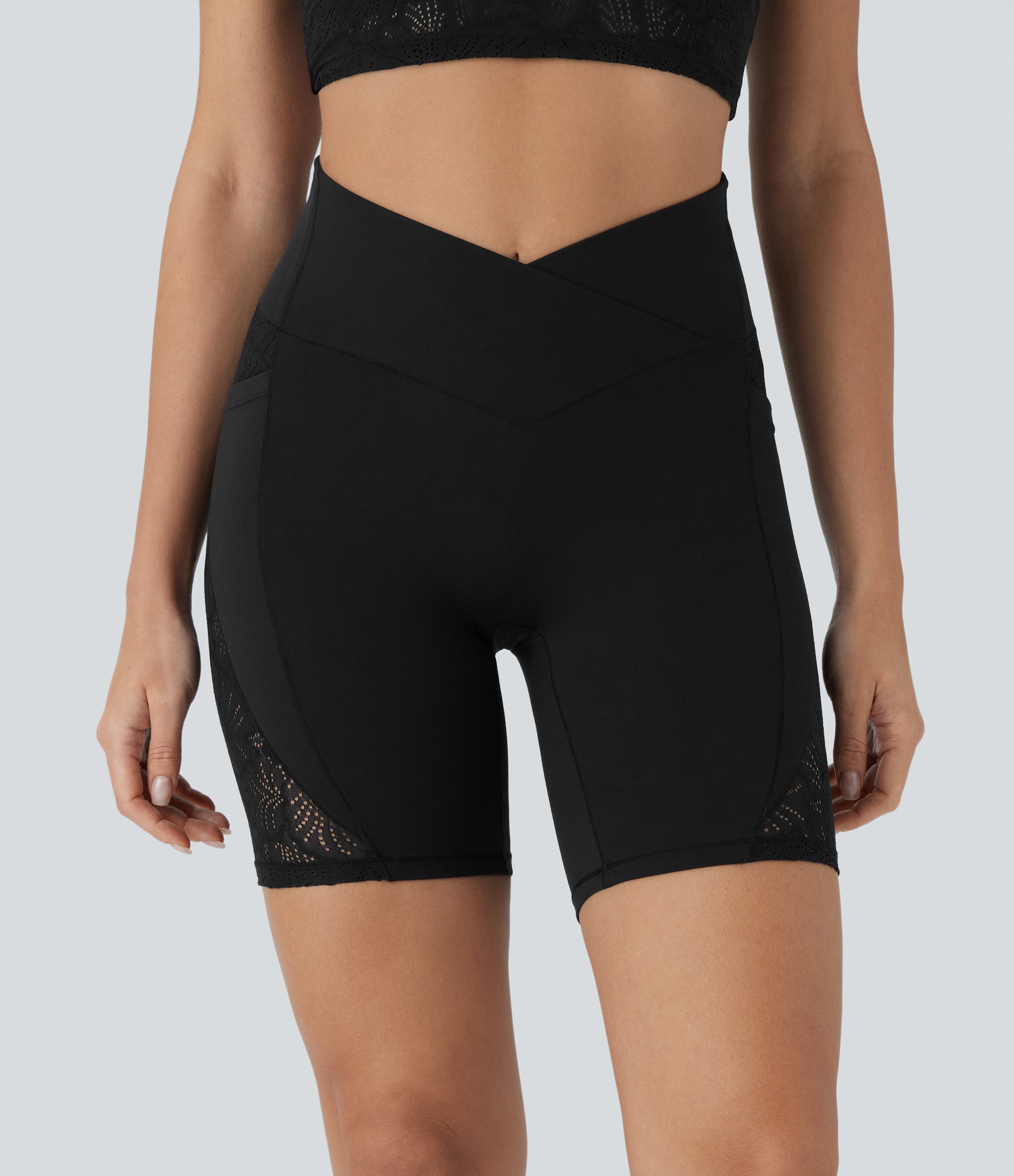 SoftlyzeroTM High Waisted Crossover Contrast Lace Yoga Biker Shorts 7'' with Pockets-UPF50+