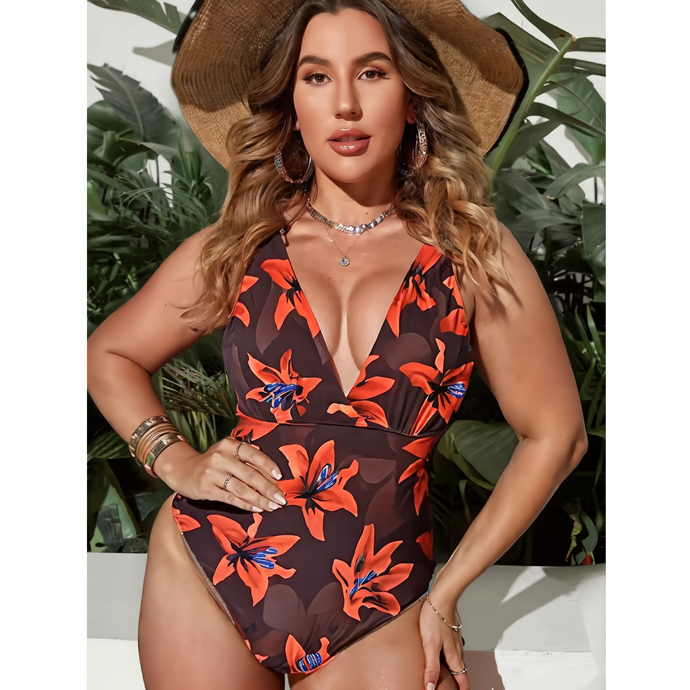Red Lily Floral Patterns One-Piece Swimsuit&Skirt