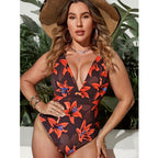 Red Lily Floral Patterns One-Piece Swimsuit&Skirt
