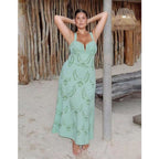 Mint Green Petal Print Hollow V Neck One-Piece Swimsuit&Skirt