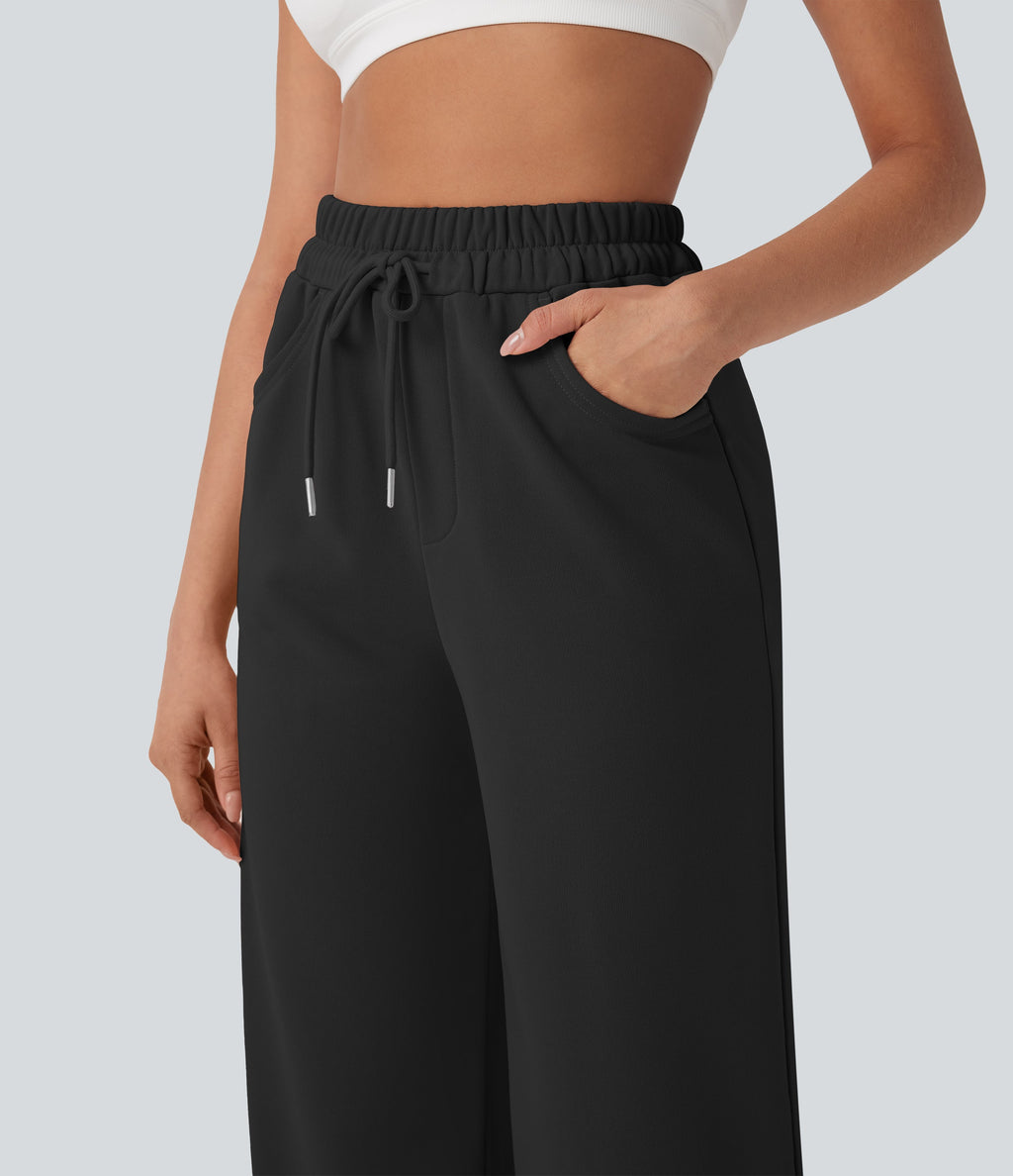 High Waisted Drawstring Cinchable Hem Wide Leg Casual Pants with Pockets