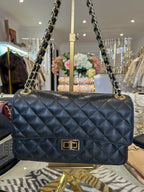 Large Genuine Leather Quilted Turn Lock Chain Handle Handbag (8 Colours)