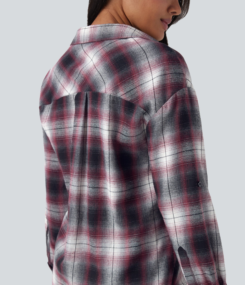 V Neck Curved Hem Plaid Casual Blouse