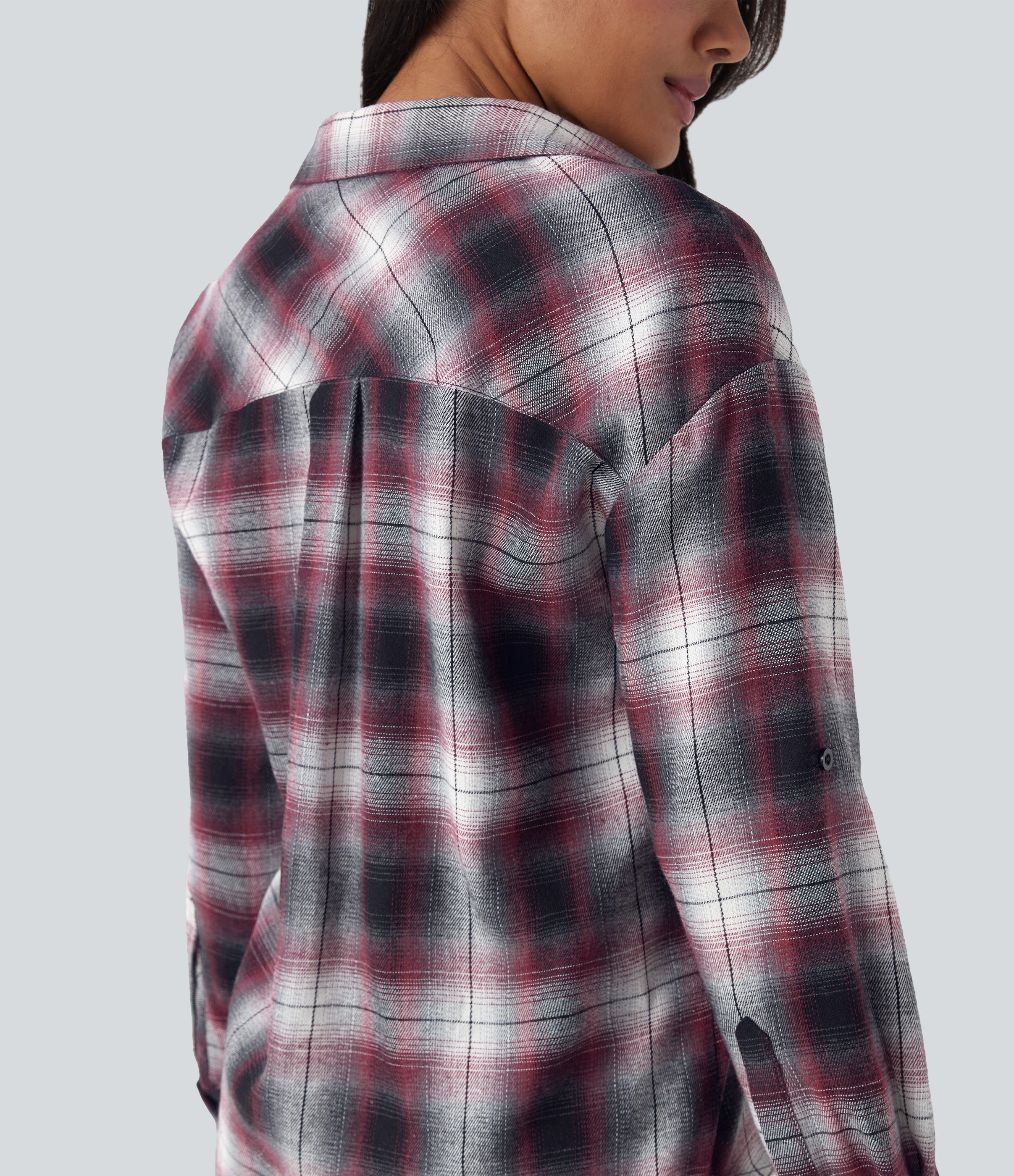V Neck Curved Hem Plaid Casual Blouse