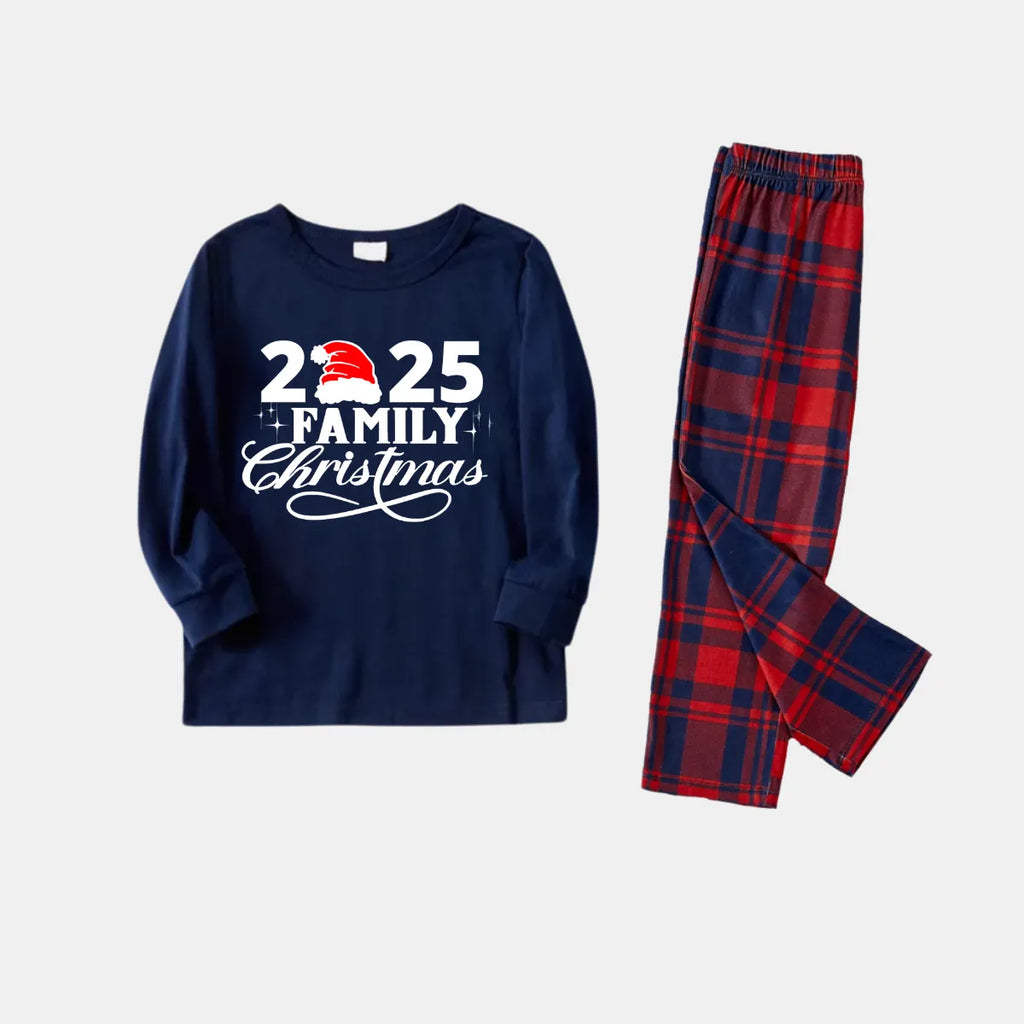 "2025 Family Christmas" Text Print Blue Long Sleeve Top with Blue & Red Plaid Family Matching Pajamas