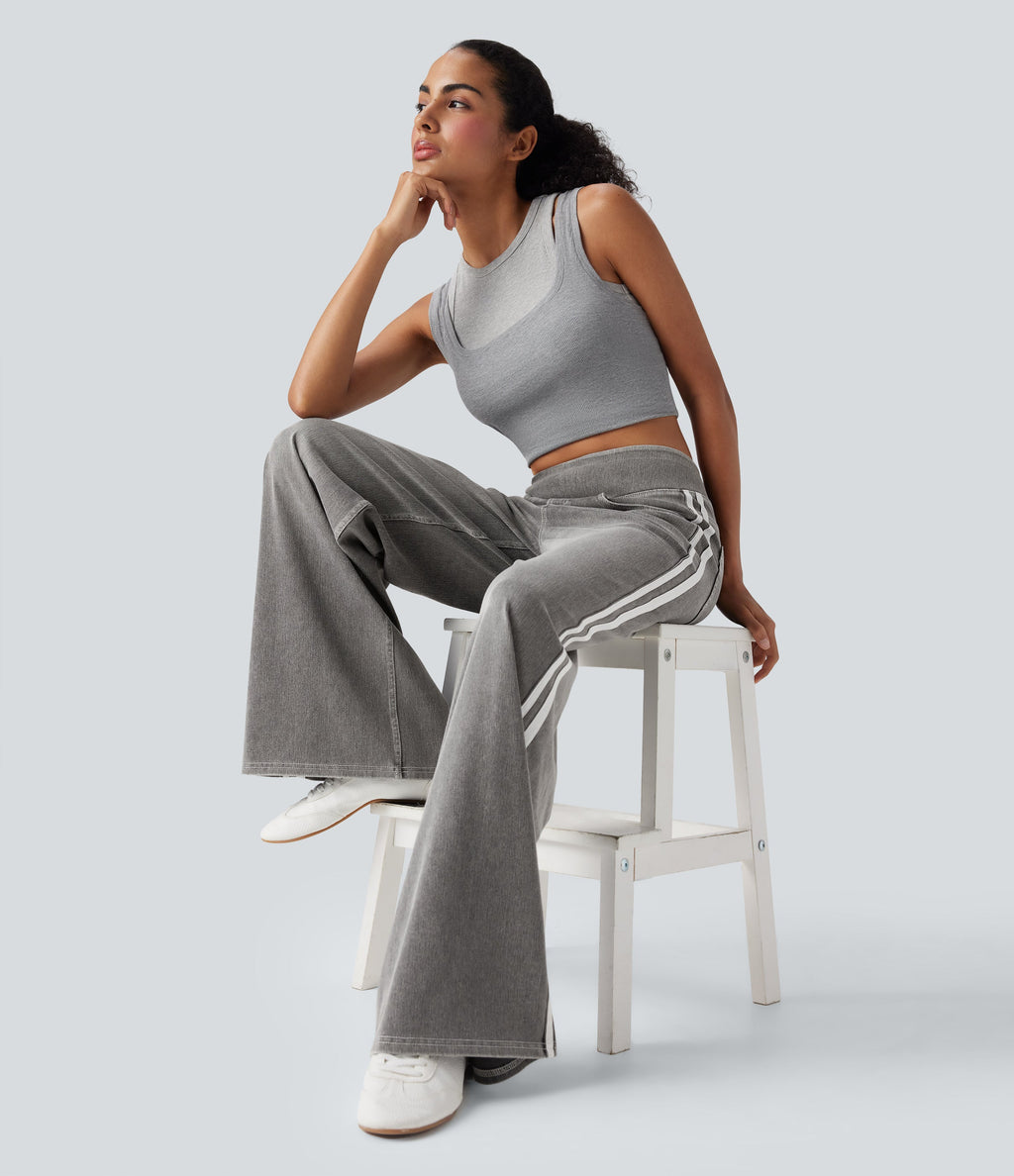 FlexTM High Waisted Stripe Wide Leg Flowy Washed Casual Jeans with Pockets