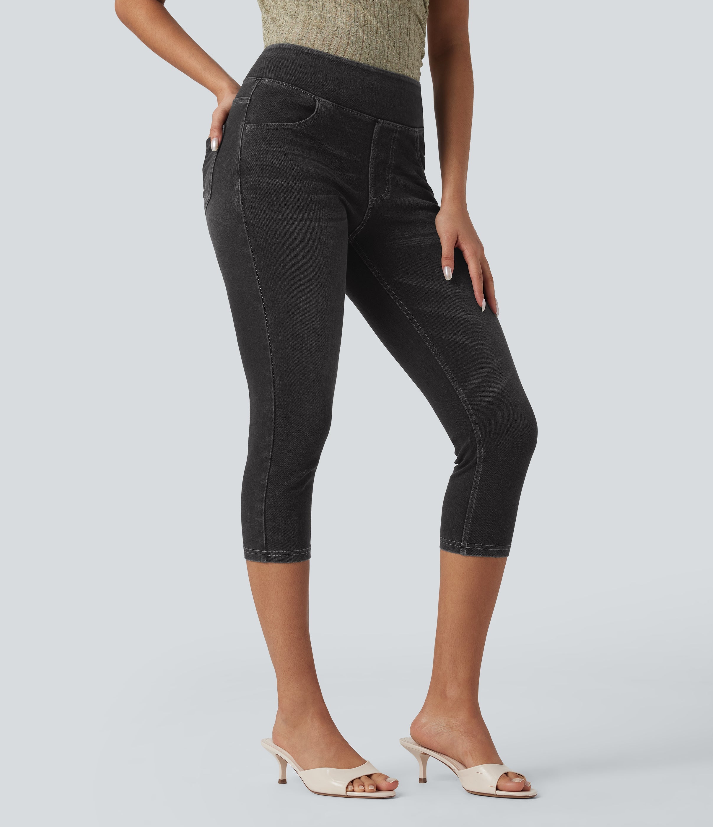 FlexTM High-Waisted Denim Casual Capri Leggings with Pockets