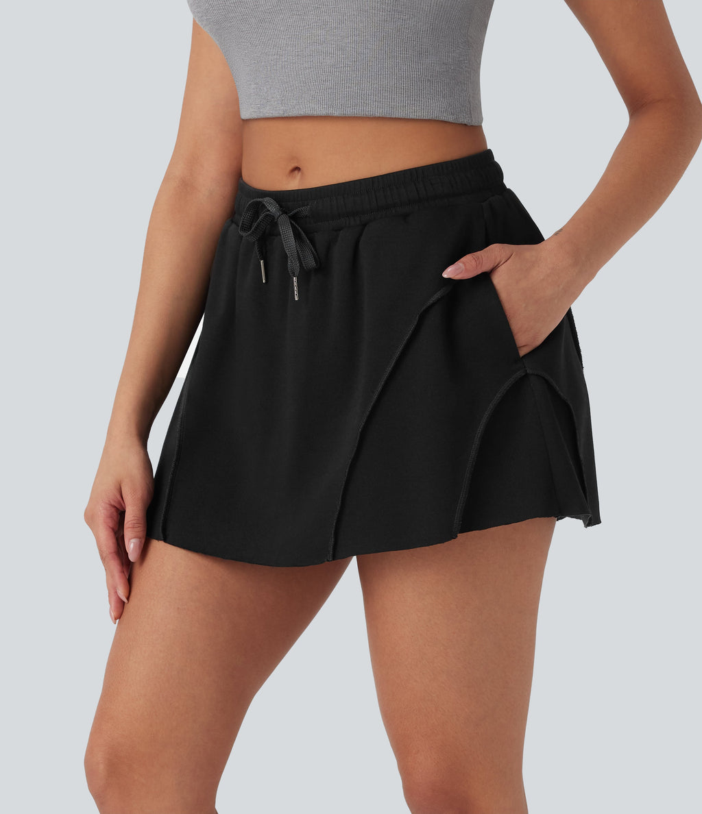 Mid Rise Drawstring 2-in-1 Micro Mini Casual Skirt with Pockets