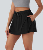 Mid Rise Drawstring 2-in-1 Micro Mini Casual Skirt with Pockets