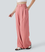 Mid Rise Wide Leg Casual Linen-Feel Pants with Pockets