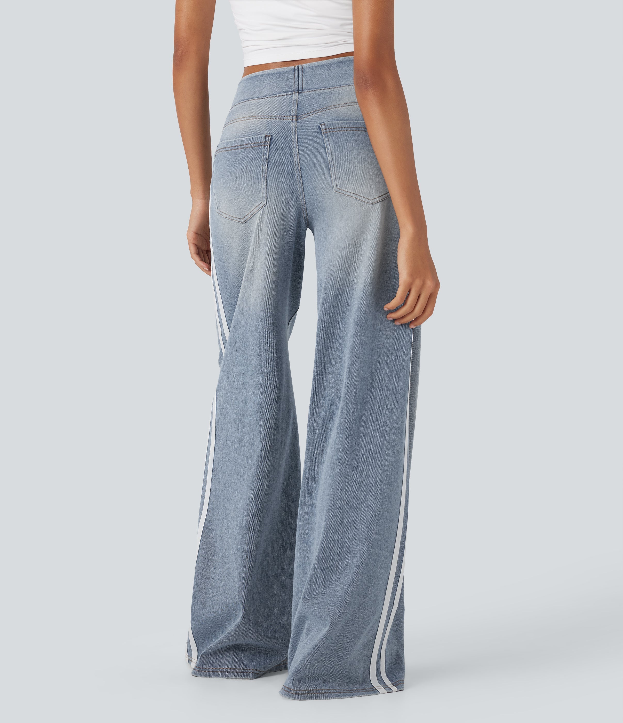 FlexTM High Waisted Stripe Wide Leg Flowy Washed Casual Jeans with Pockets