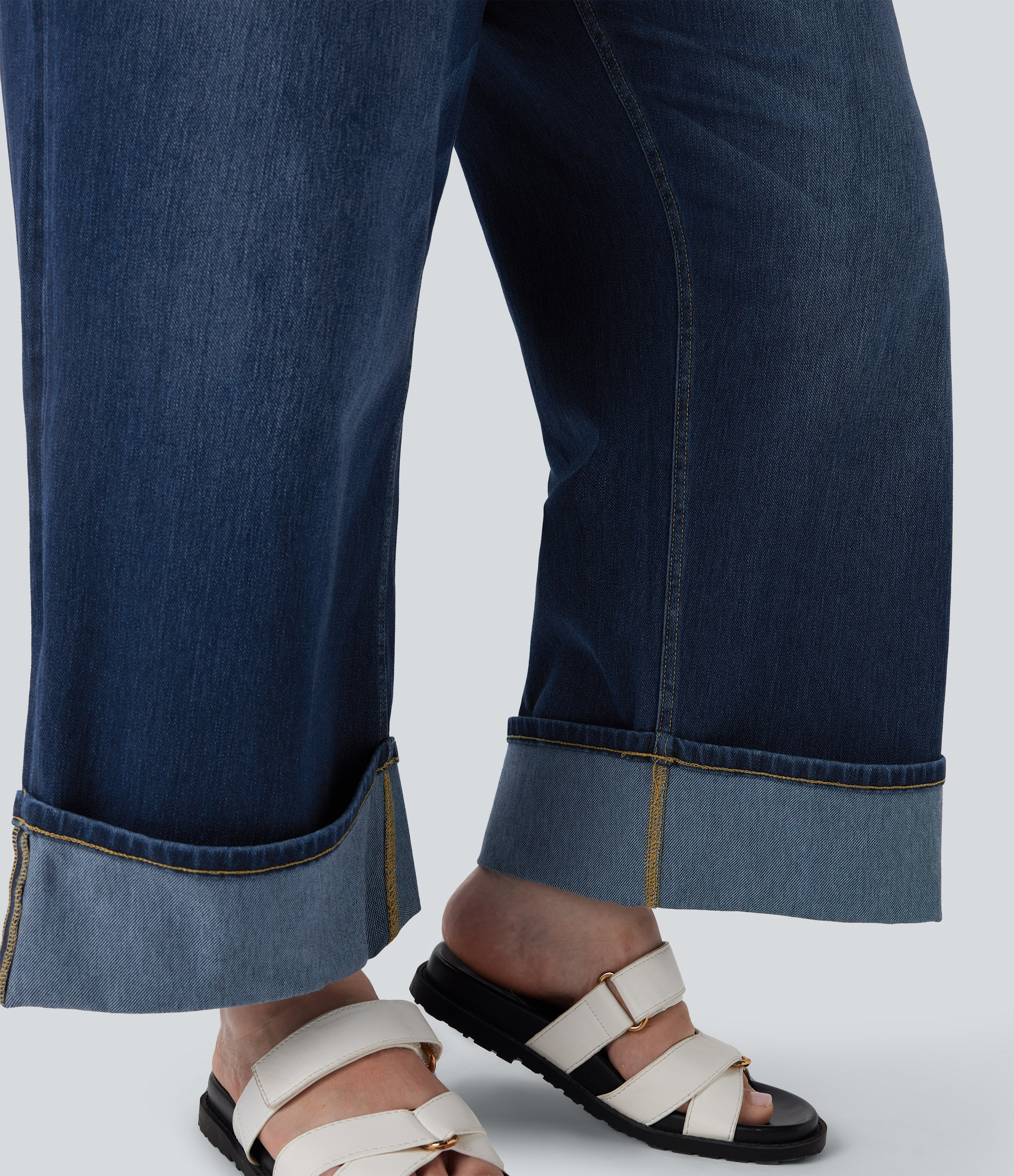 Plus Size FlexTM High Waisted Wide Leg Rolled Hem Washed Stretchy Knit Casual Jeans with Pockets