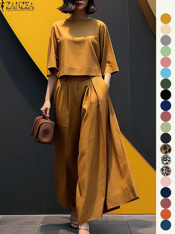 Women's Top & Wide Leg Pants Two-piece Set, Casual Fashion Cozy Three Quarter Length Sleeve Top & Trousers for Daily Outdoor Wear, Ladies Clothes for All Seasons, Womenswear, Casual Matching Set