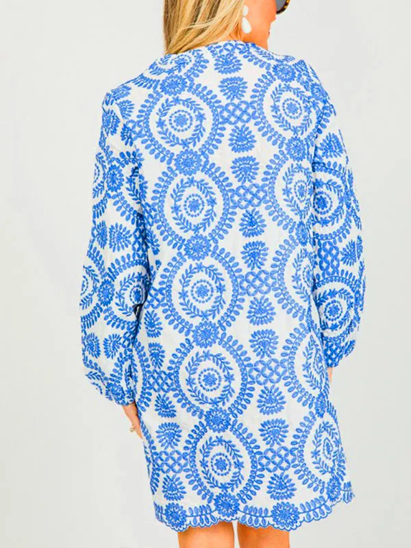 NEW🔥 Printed Lace Trim V Neck Shirt Dress