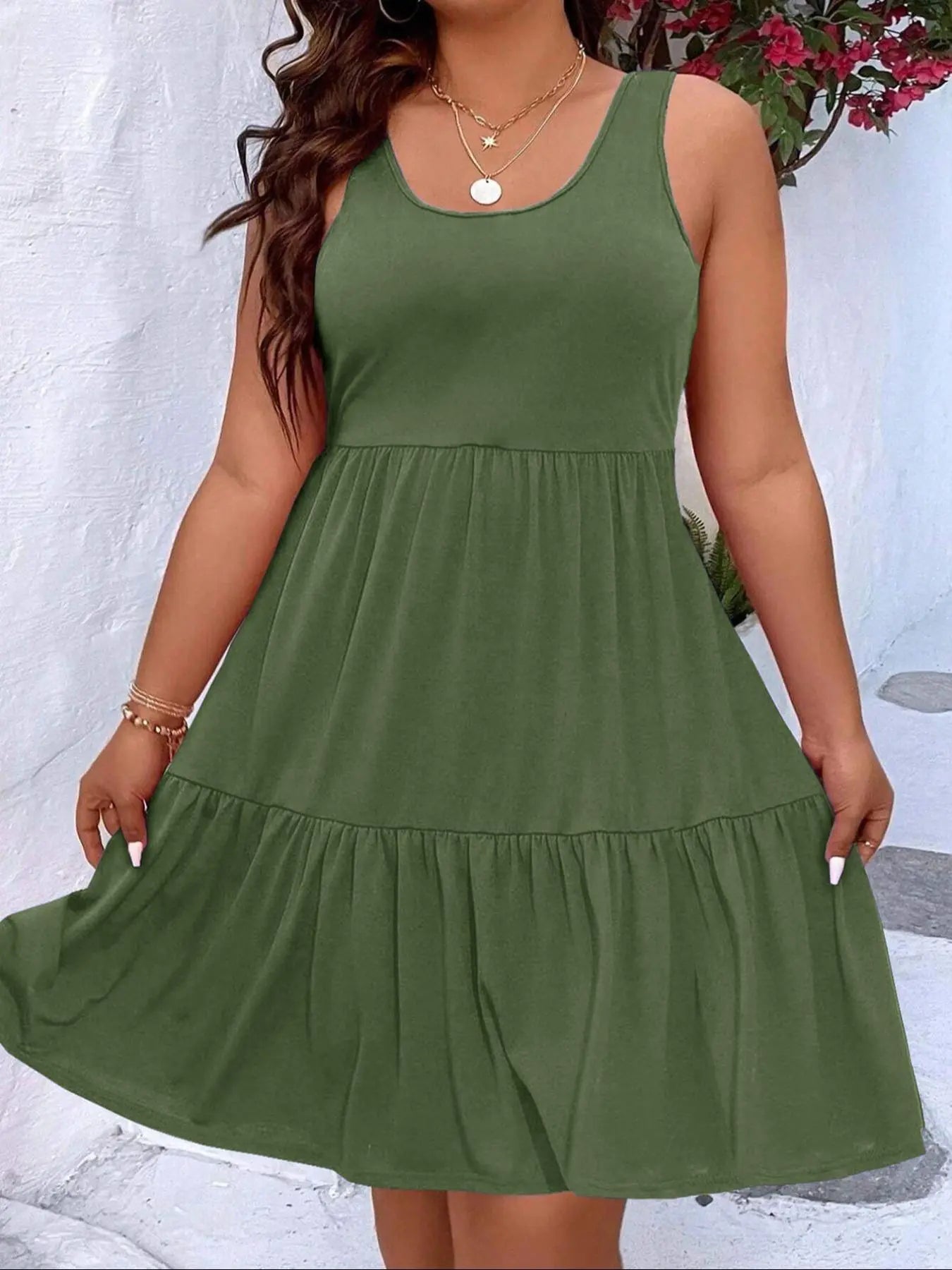 【Plus Size】 Solid Ruffle Hem Tank Dress, Casual Scoop Neck Sleeveless A Line Dress for Summer, Women's Clothing for Daily Wear