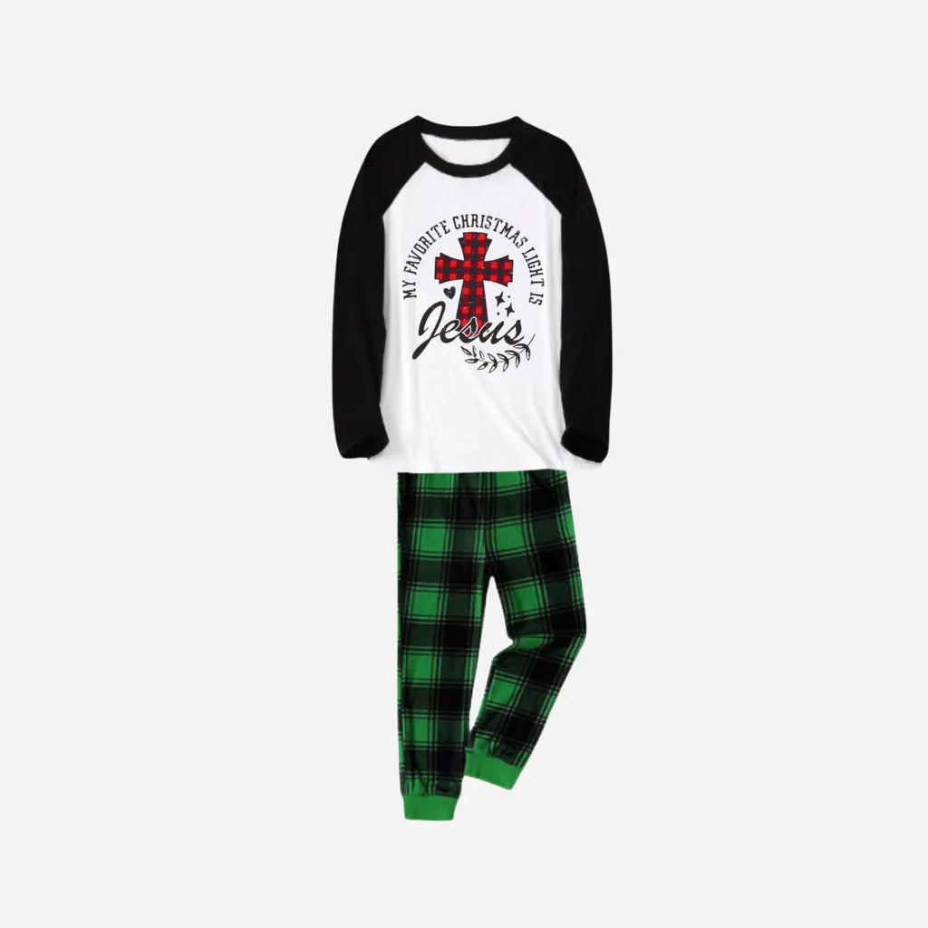 My Favorite Christmas Light Is Jesus Family Christmas Pajamas Set - Black and White Top with Green Plaid Pants
