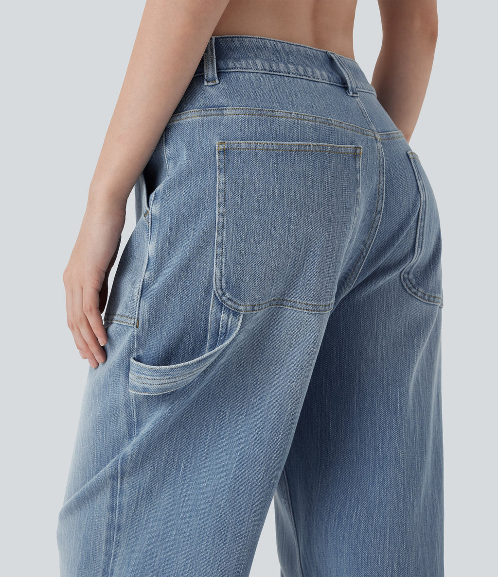 FlexTM Low Rise Rolled Hem Washed Casual Baggy Jeans with Pockets