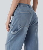 FlexTM Low Rise Rolled Hem Washed Casual Baggy Jeans with Pockets